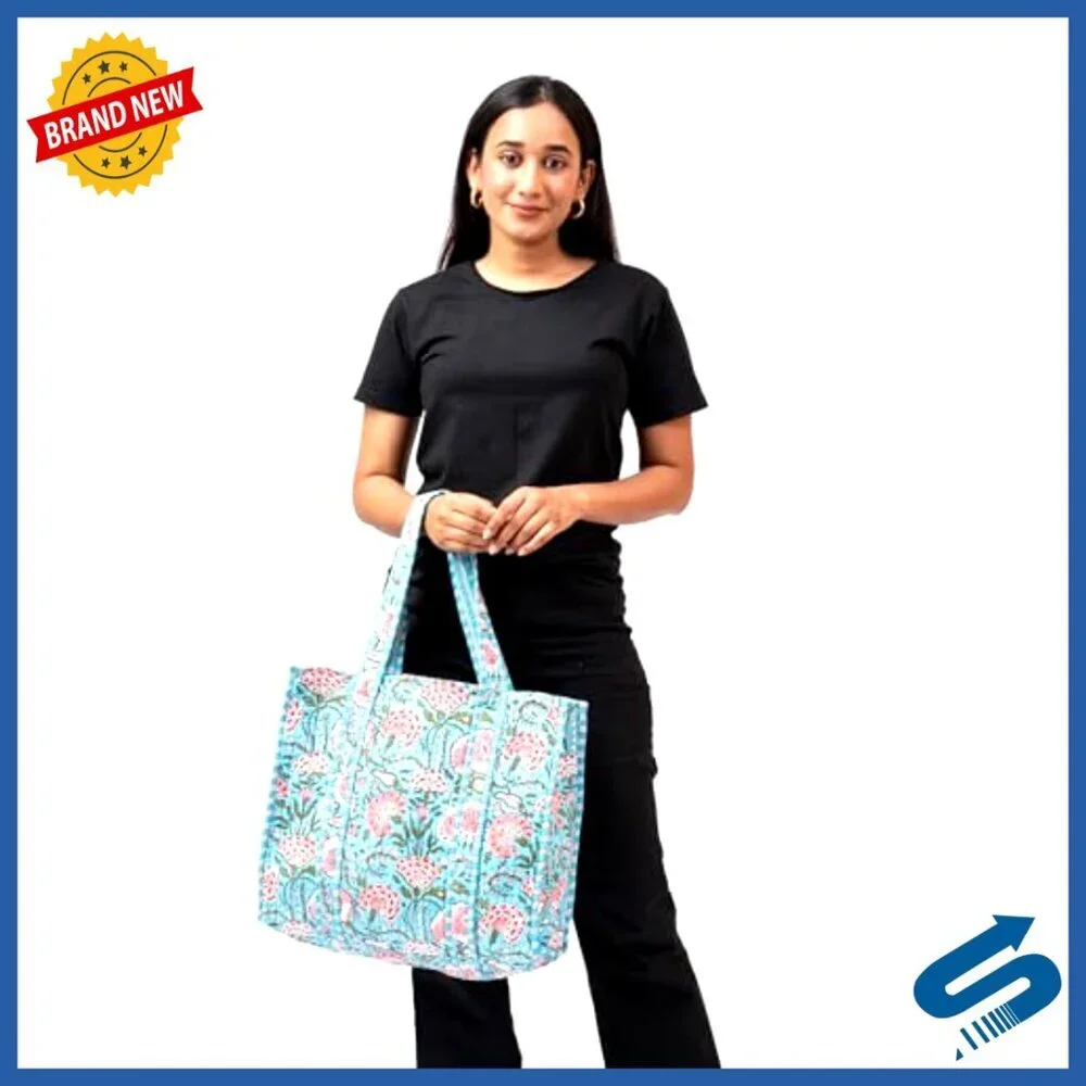 Large Quilted Cotton Tote Bag with Inside Pocket for Travel Shopping